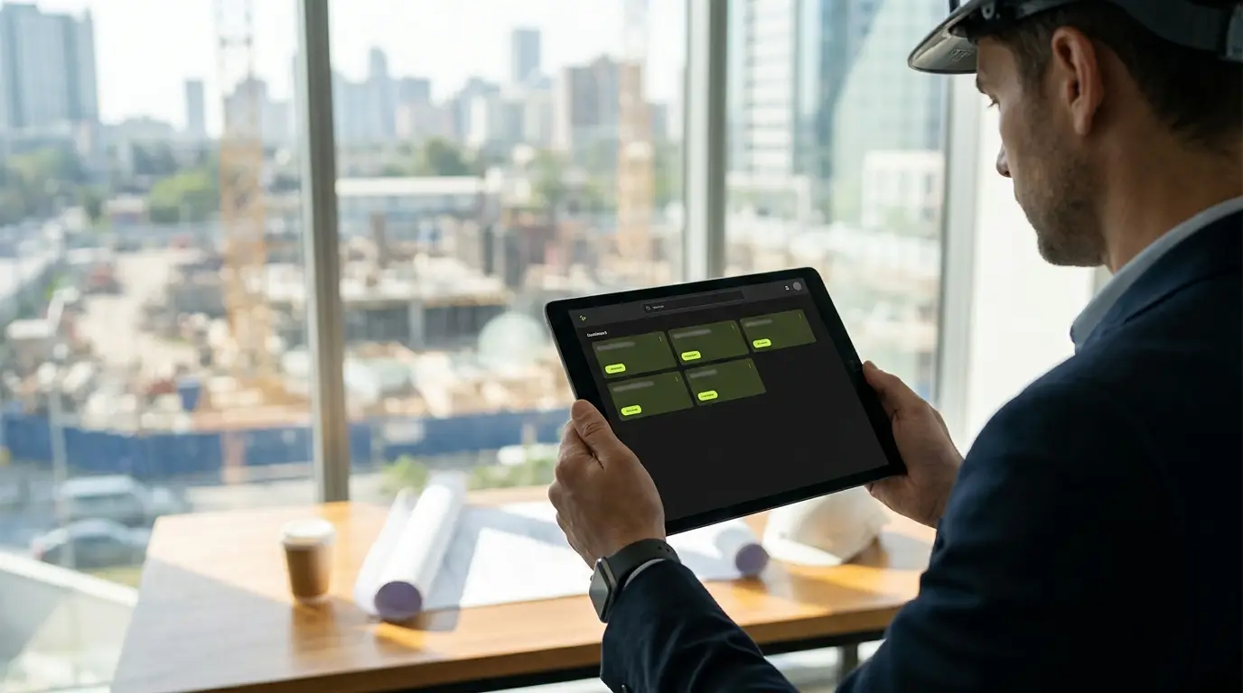 Auftragsbank-Dashboard auf dem Tablet im Baubüro